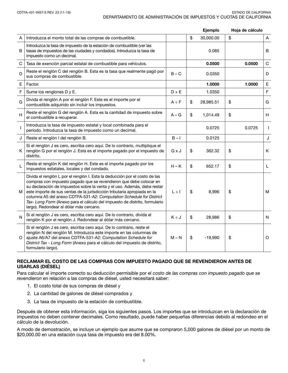 Instrucciones para Formulario CDTFA-401-A-S Declaracion De Impuesto Sobre Las Ventas Y Sobre El Uso Estatal, Local Y De Distrito - California (Spanish), Page 6