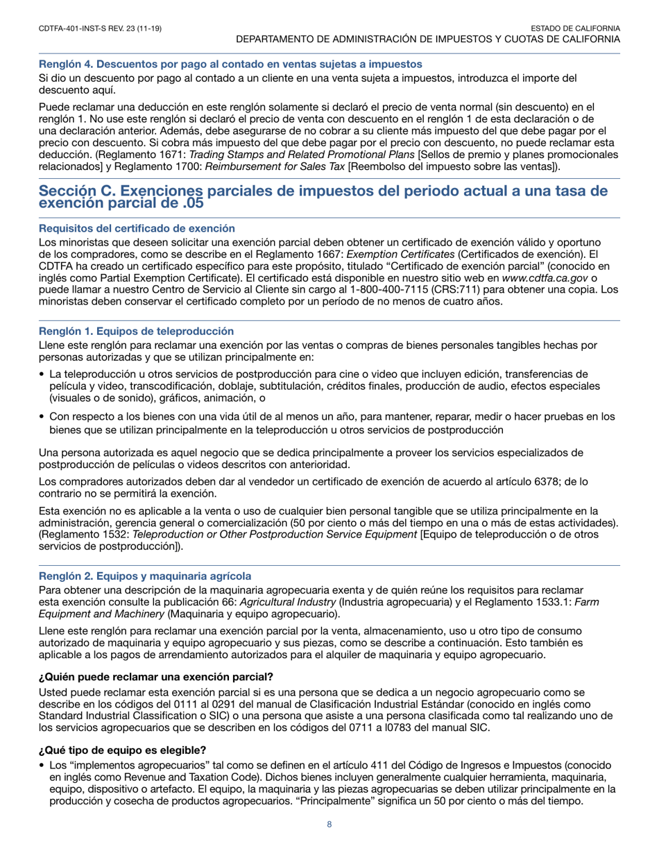 Instrucciones para Formulario CDTFA-401-A-S Declaracion De Impuesto Sobre Las Ventas Y Sobre El Uso Estatal, Local Y De Distrito - California (Spanish), Page 8