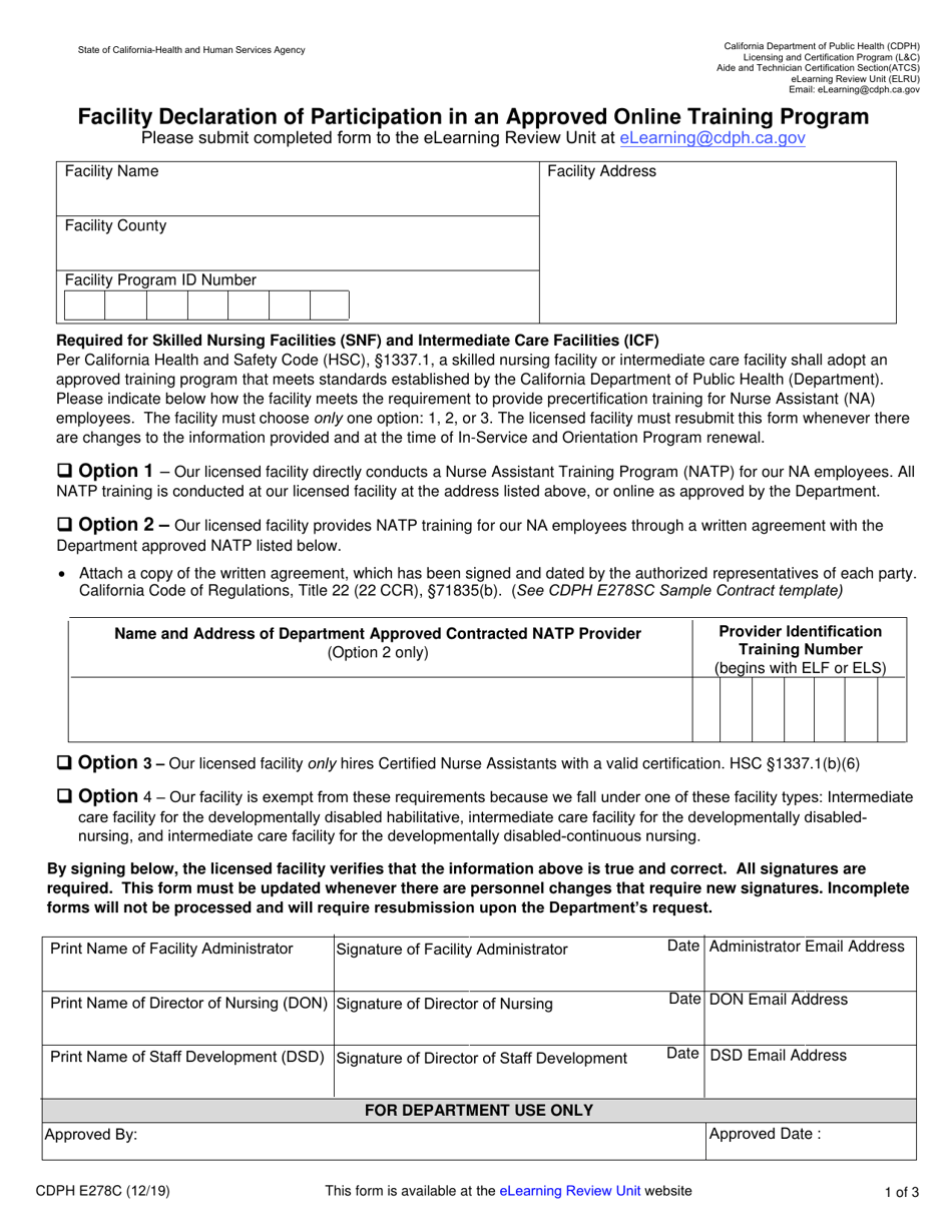 Form CDPH E278C Facility Declaration of Participation in an Approved Online Training Program - California, Page 1