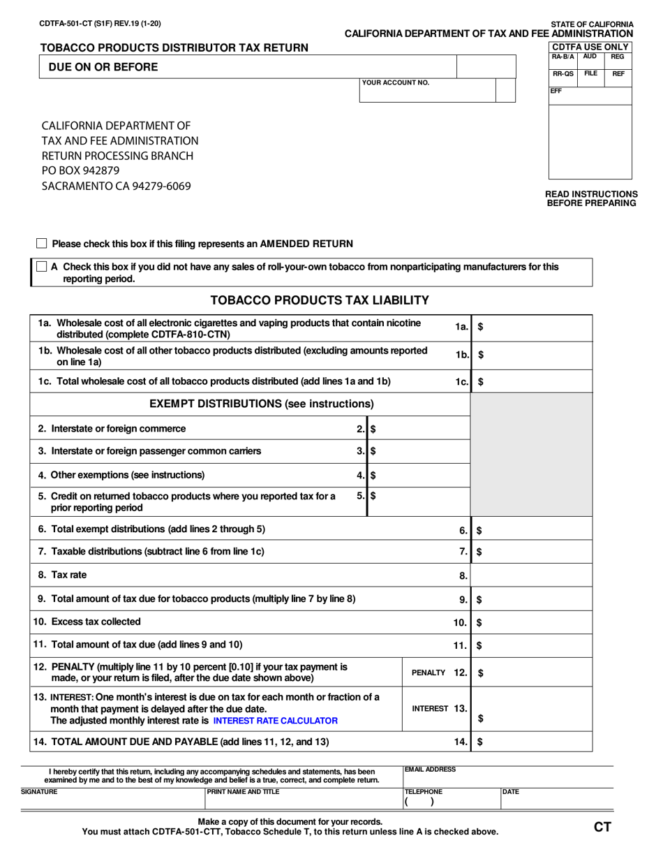 Form CDTFA-501-CT Tobacco Products Distributor Tax Return - California, Page 1
