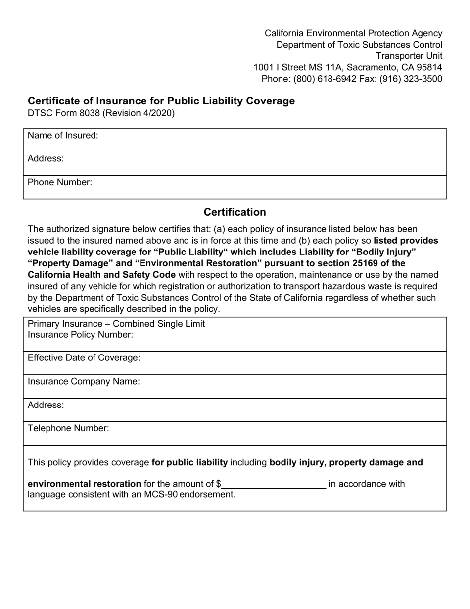 DTSC Form 8038 Certificate of Insurance for Public Liability Coverage - California, Page 1