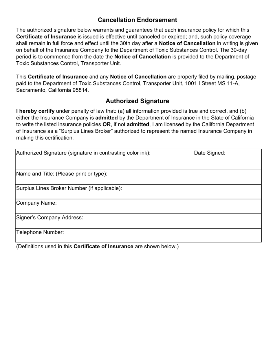 DTSC Form 8038 Certificate of Insurance for Public Liability Coverage - California, Page 2