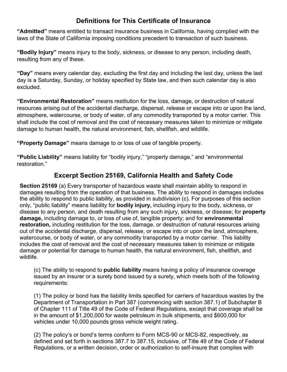 DTSC Form 8038 Certificate of Insurance for Public Liability Coverage - California, Page 3