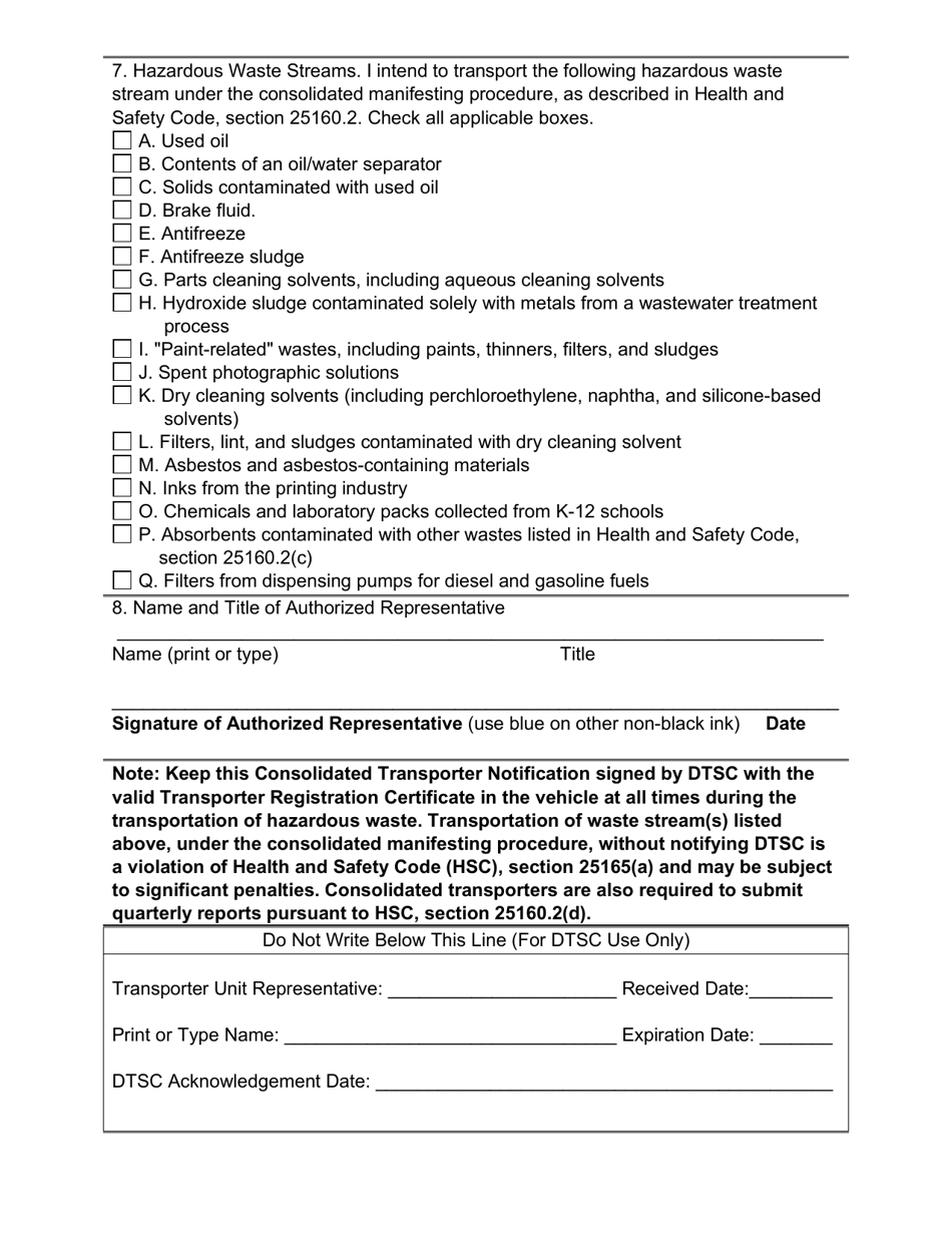 DTSC Form 1299 Consolidated Transporter Notification - California, Page 2