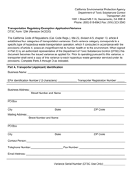 DTSC Form 1294 Transportation Regulatory Exemption Application/Variance - California
