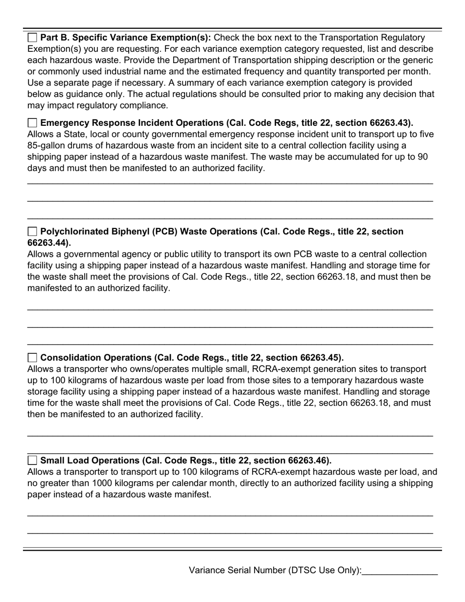 DTSC Form 1294 Transportation Regulatory Exemption Application / Variance - California, Page 2