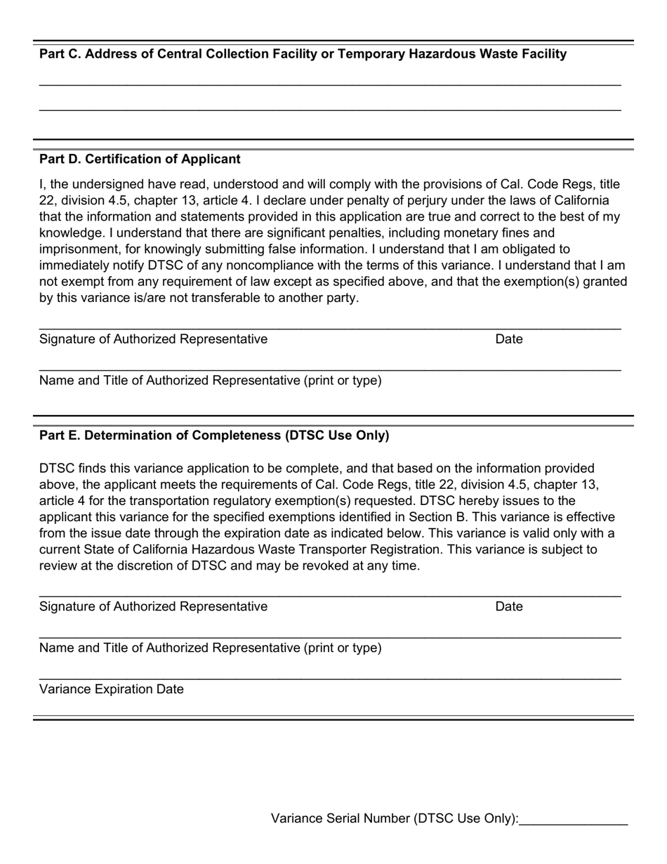 DTSC Form 1294 Transportation Regulatory Exemption Application / Variance - California, Page 3