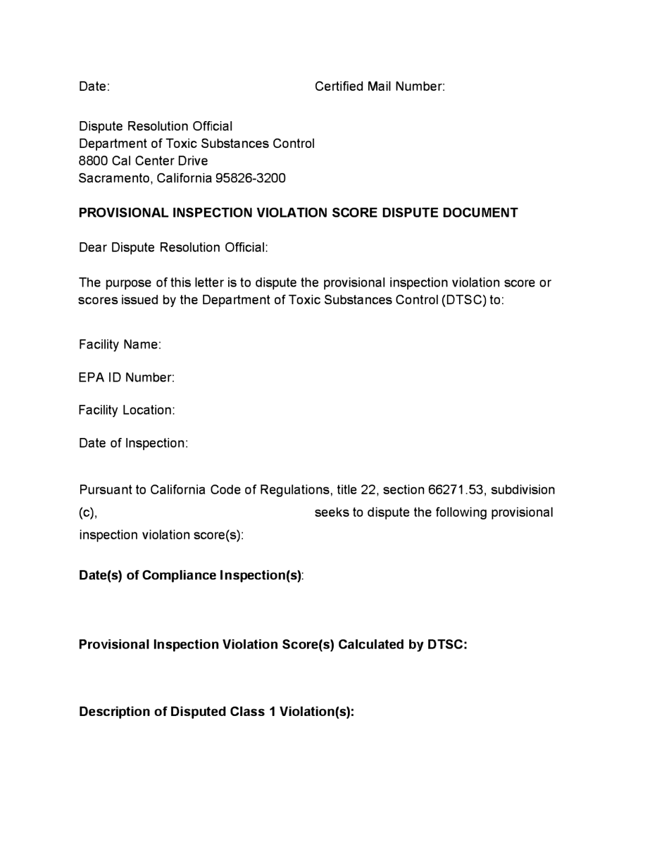 Provisional Inspection Violation Score Dispute Document - California, Page 1