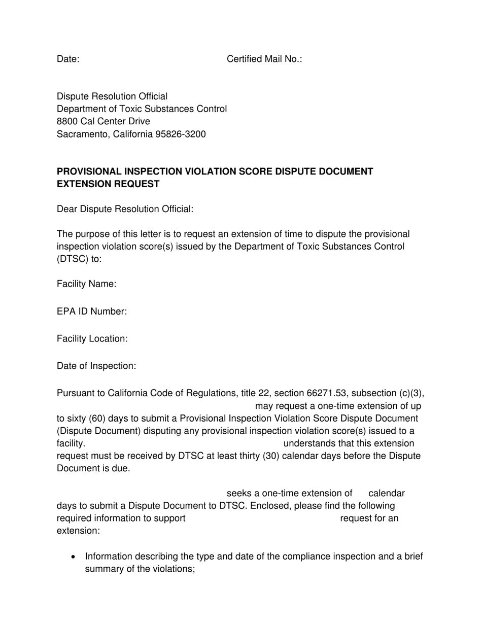 Provisional Inspection Violation Score Dispute Document Extension Request - California, Page 1