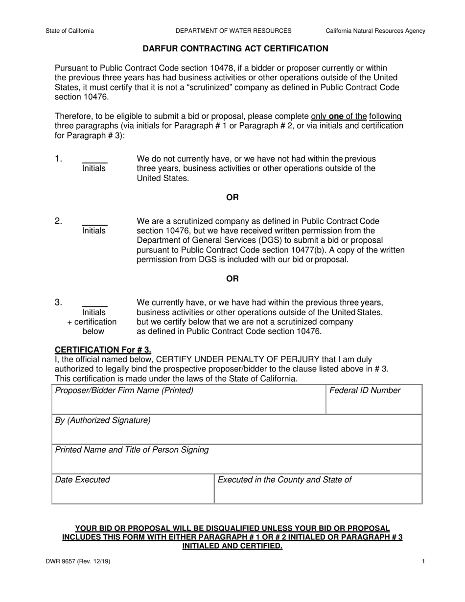 Form DWR9657 Darfur Contracting Act Certification - California, Page 1