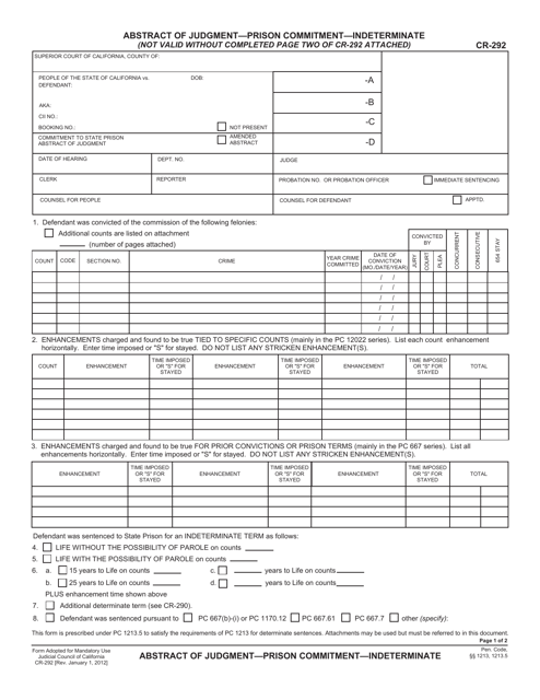 Form CR-292 Abstract of Judgment - Prison Commitment - Indeterminate - California