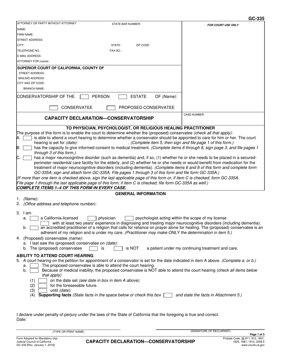 Form GC-335 Capacity Declaration - Conservatorship - California, Page 1
