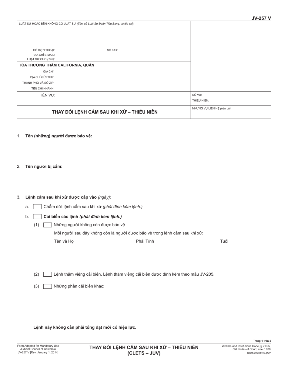 Form JV-257 V Change to Restraining Order After Hearing - Juvenile (Clets-Juv) - California (Vietnamese), Page 1