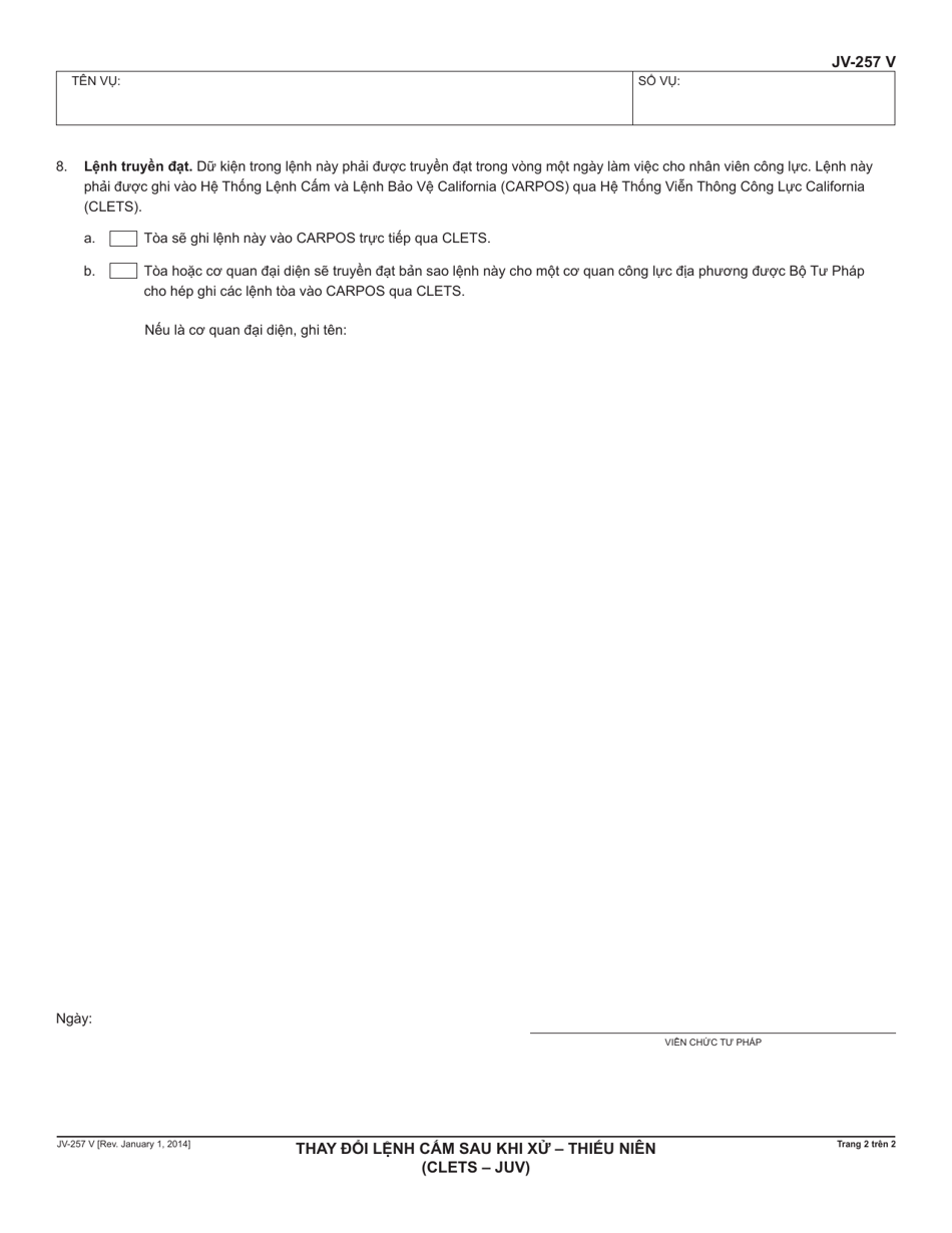 Form JV-257 V Change to Restraining Order After Hearing - Juvenile (Clets-Juv) - California (Vietnamese), Page 2