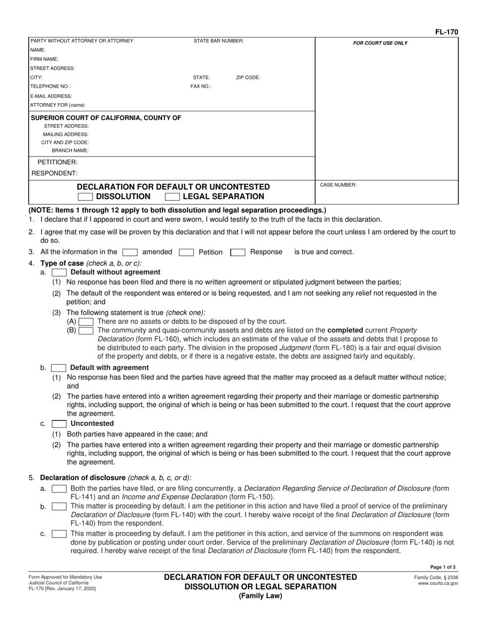 Form FL-170 Declaration for Default or Uncontested Dissolution or Legal Separation (Family Law) - California, Page 1