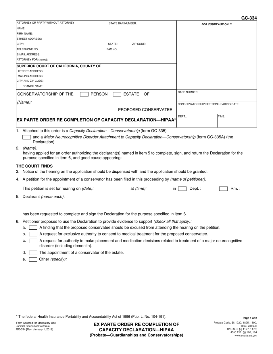 Form GC-334 Ex Parte Order Re Completion of Capacity Declaration - Hipaa - California, Page 1