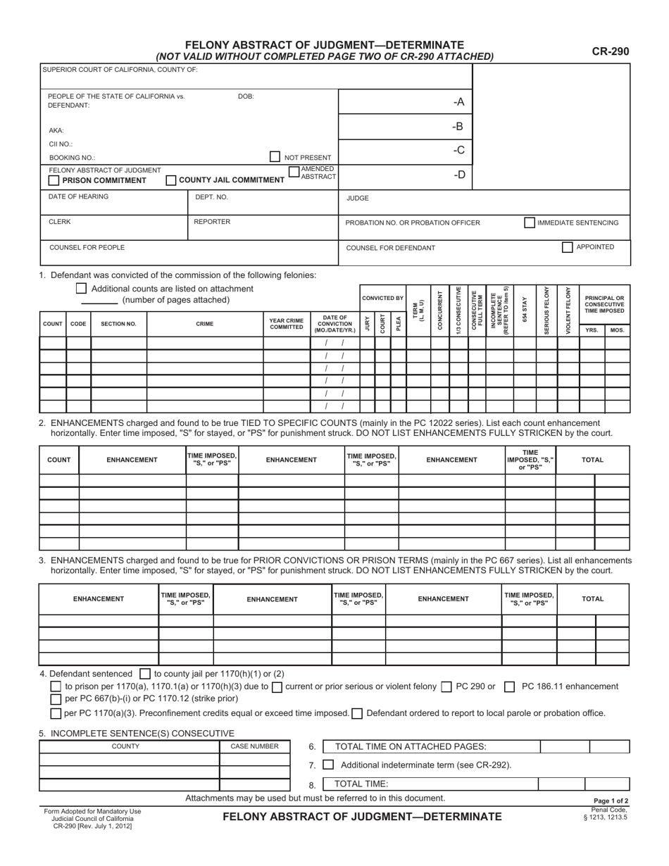 Form CR-290 Felony Abstract of Judgment - Prison Commitment - Determinate - California, Page 1