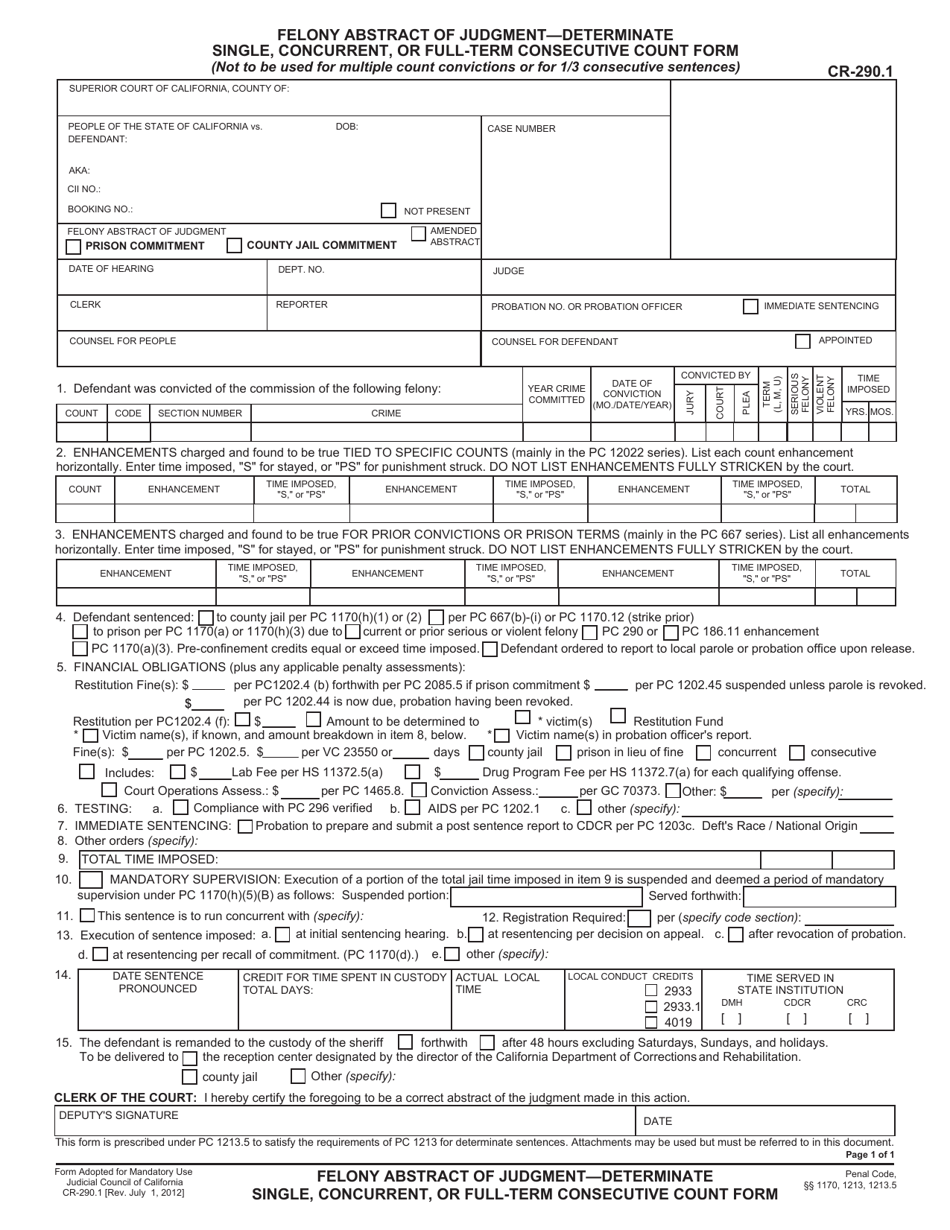 Form CR-290.1 Felony Abstract of Judgment - Determinate Single, Concurrent, or Full-Term Consecutive Count Form - California, Page 1