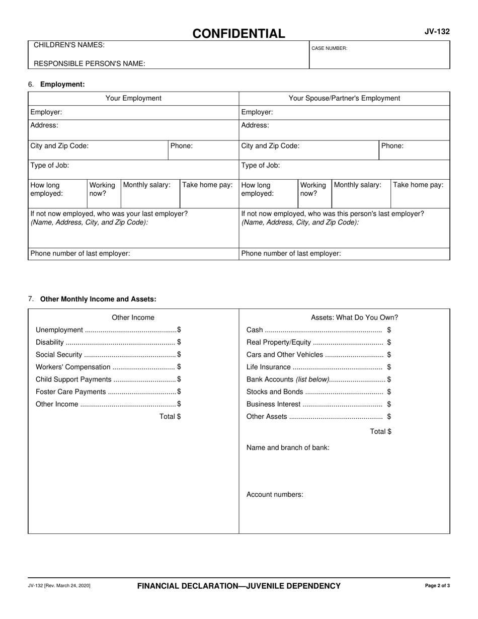 Form JV-132 Financial Declaration - Juvenile Dependency - California, Page 2