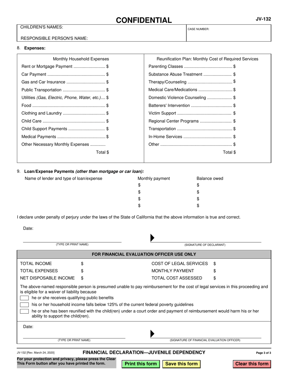Form JV-132 Financial Declaration - Juvenile Dependency - California, Page 3
