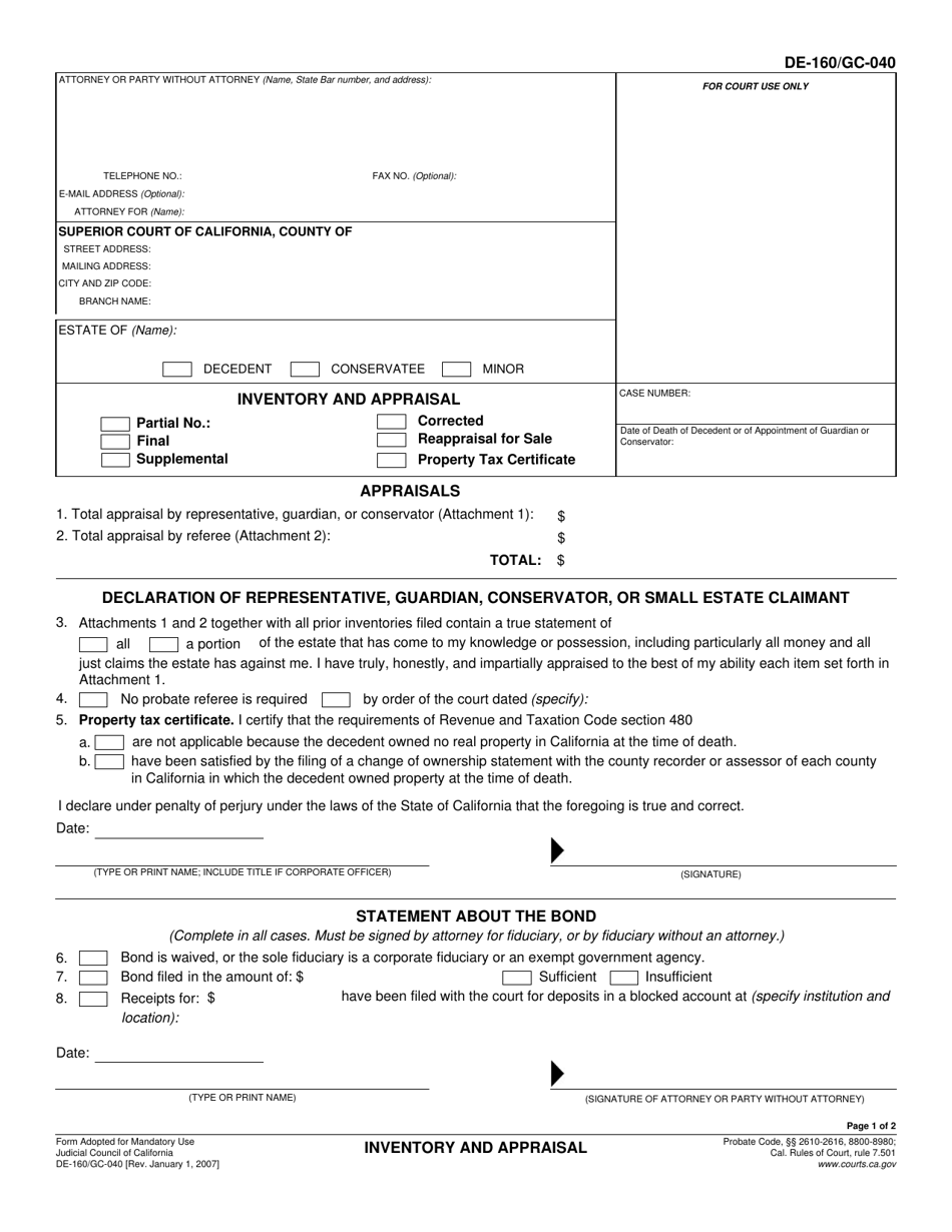 Form DE-160 (GC-040) Inventory and Appraisal - California, Page 1