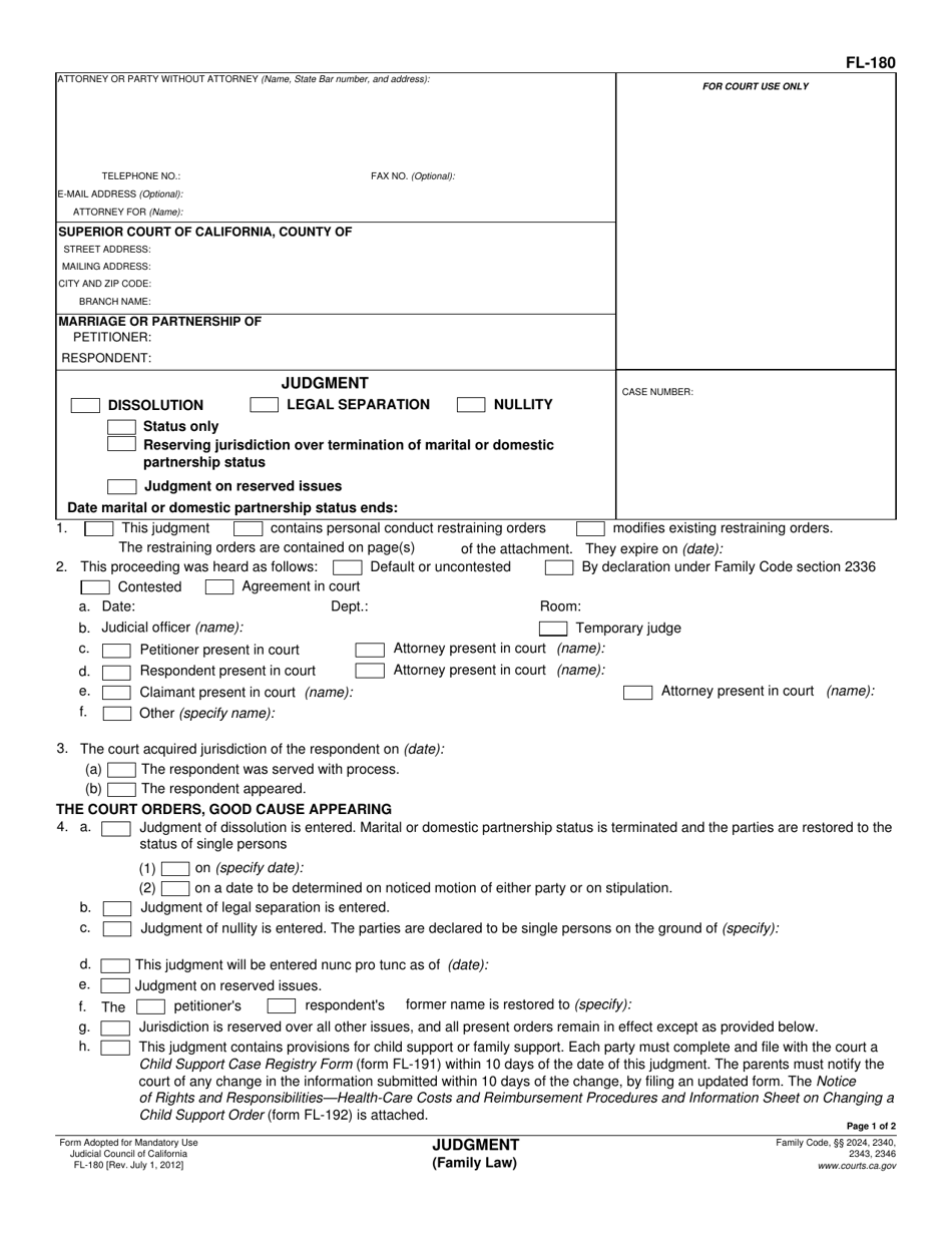 Form FL-180 Judgment - California, Page 1