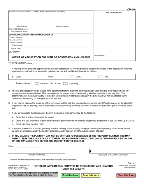 Form CD-110 Notice of Application for Writ of Possession and Hearing (Claim and Delivery) - California