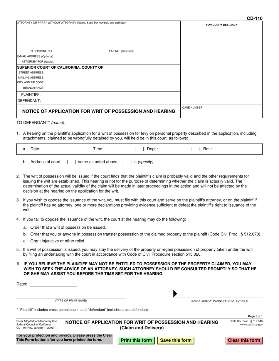 Form CD-110 Notice of Application for Writ of Possession and Hearing (Claim and Delivery) - California, Page 1