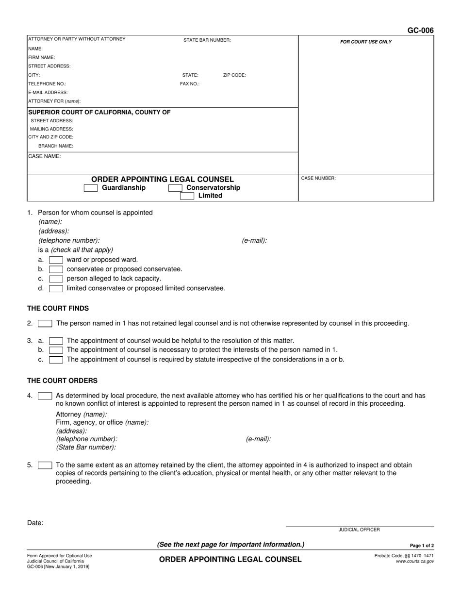 Form GC-006 Order Appointing Legal Counsel - California, Page 1