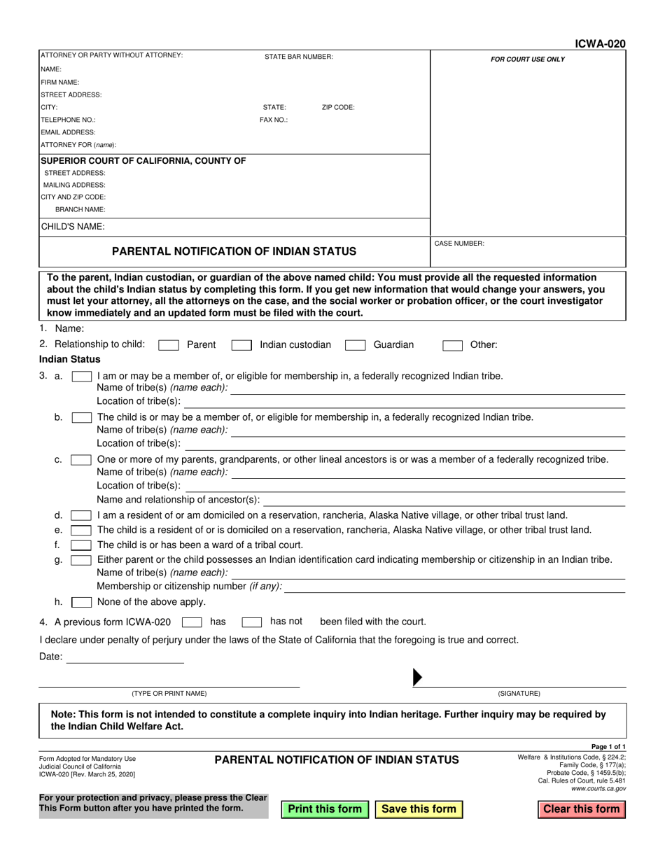 Form ICWA-020 Parental Notification of Indian Status - California, Page 1