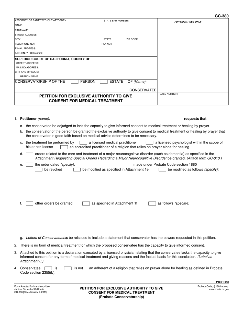Form GC-380 Petition for Exclusive Authority to Give Consent for Medical Treatment - California, Page 1