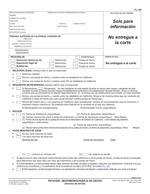Formulario FL-100 S Peticion - Matrimonio/Pareja De Hecho (Derecho De Familia) - California (Spanish)