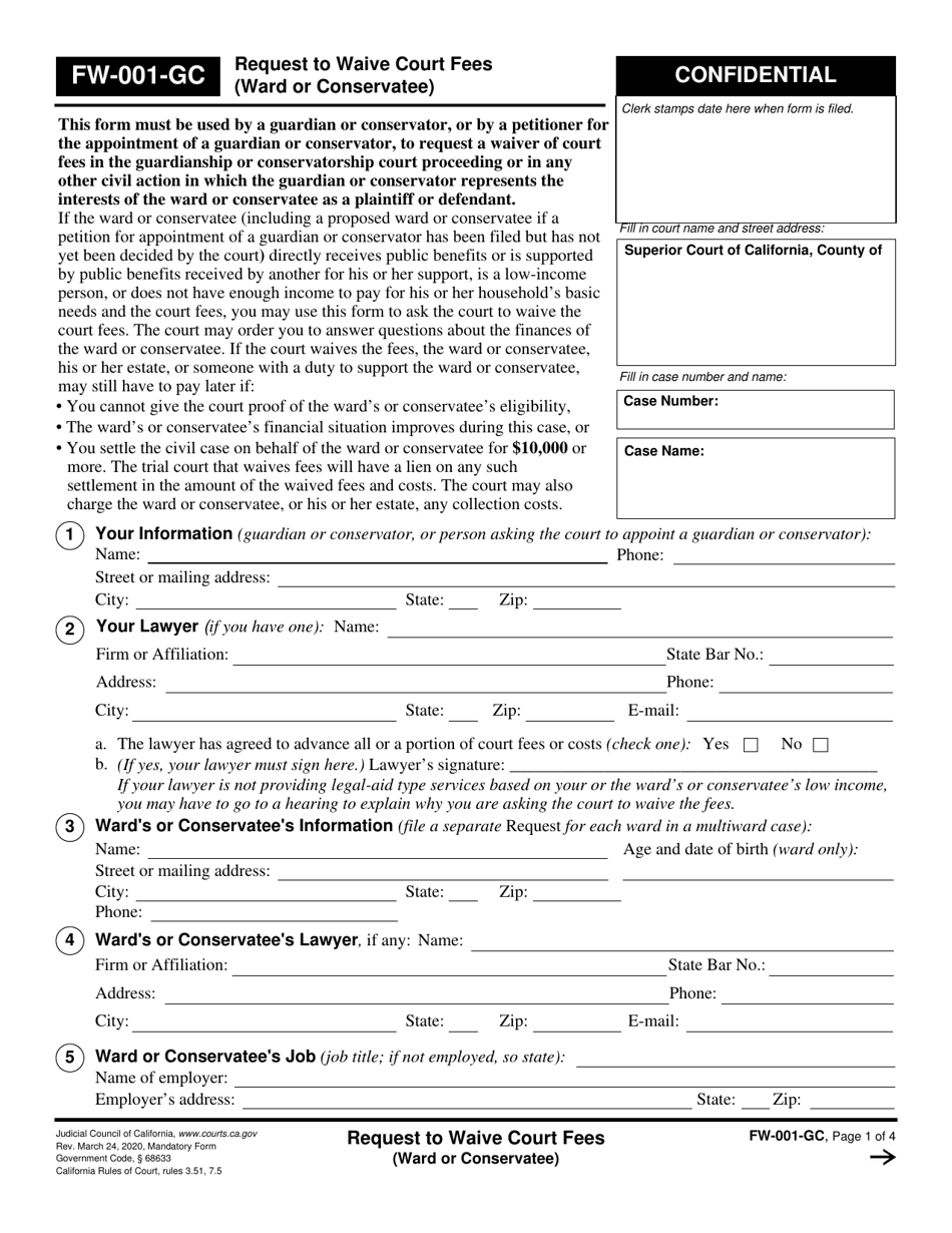 Form FW-001-GC Request to Waive Court Fees (Ward or Conservatee) - California, Page 1