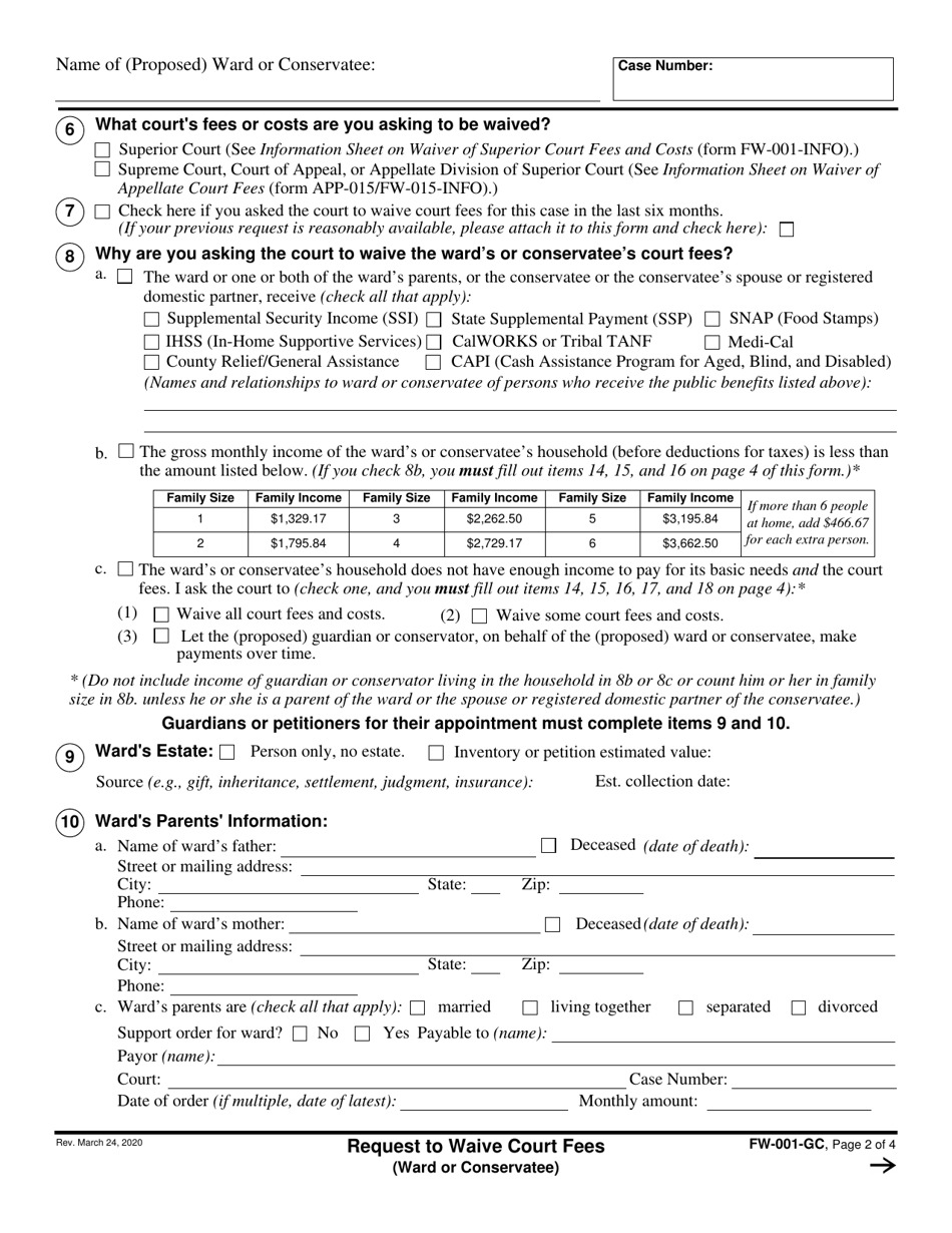 Form FW-001-GC Request to Waive Court Fees (Ward or Conservatee) - California, Page 2