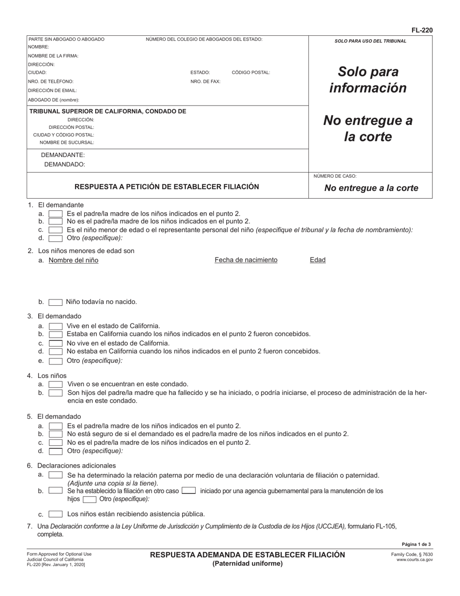Formulario FL-220 S Respuesta a Peticion De Establecer Filiacion (Paternidad Uniforme) - California (Spanish), Page 1