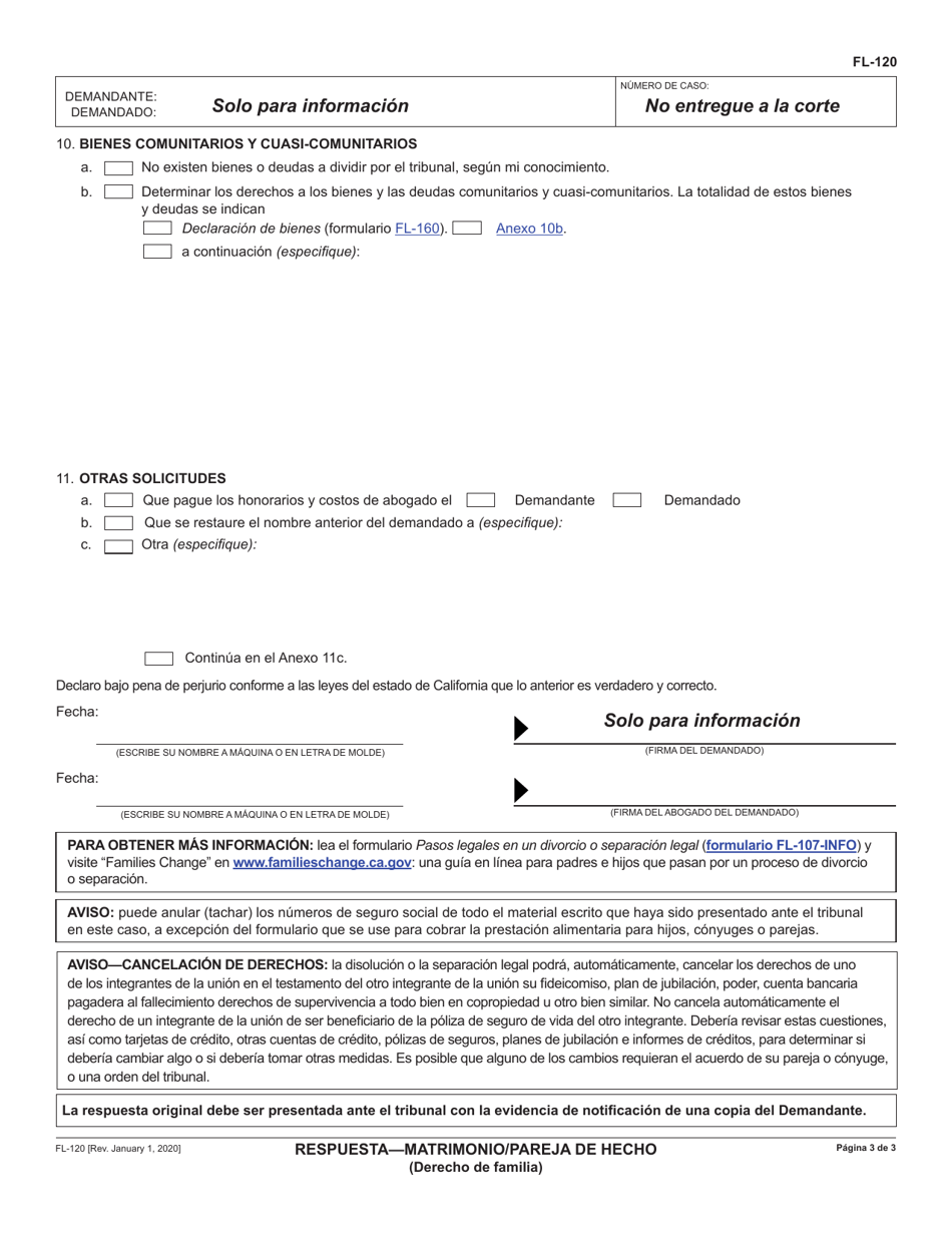 Formulario FL-120 S Respuesta - Matrimonio / Pareja De Hecho (Derecho De Familia) - California (Spanish), Page 3