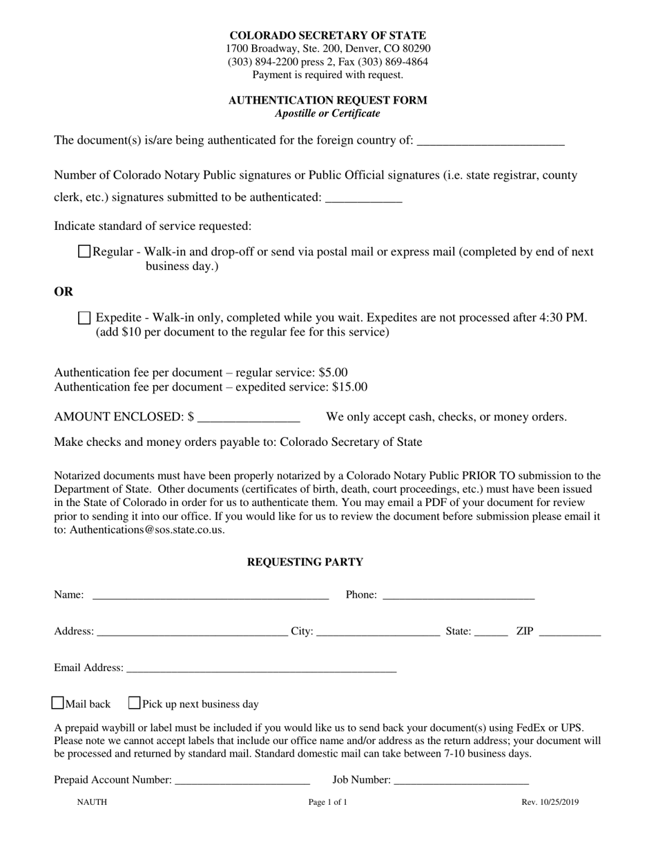 Colorado Authentication Request Form Fill Out, Sign Online and