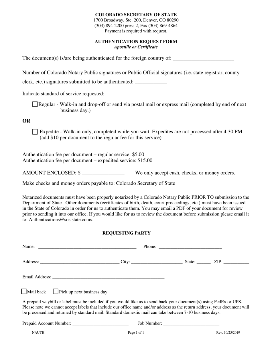 Authentication Request Form - Colorado, Page 1