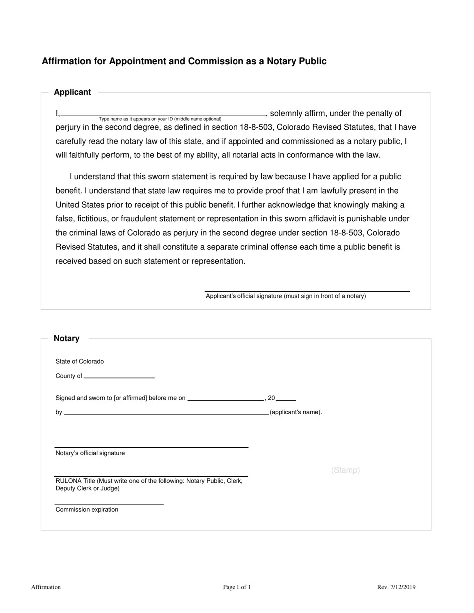 Affirmation for Appointment and Commission as a Notary Public - Colorado, Page 2