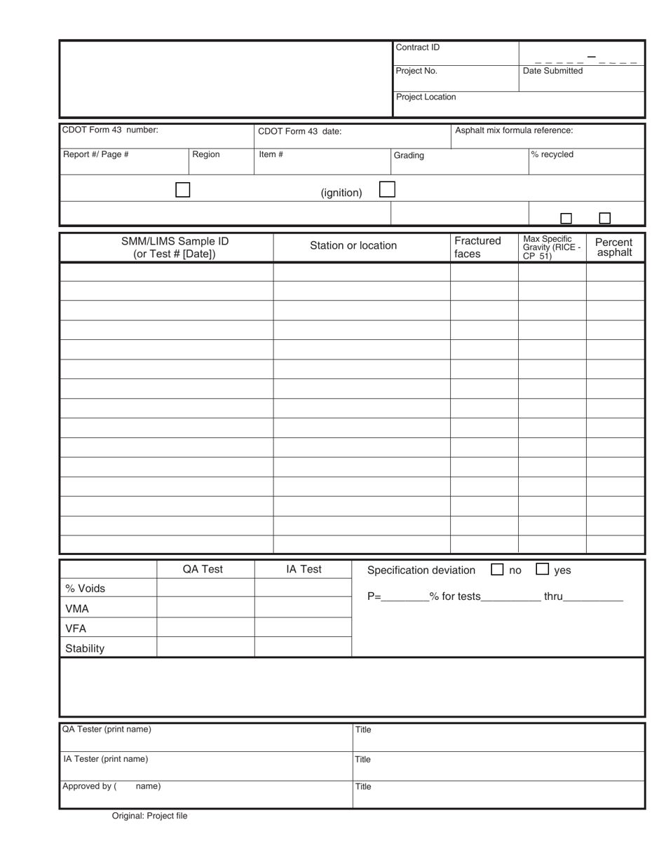 CDOT Form 58 Field Report of Asphalt Content and Maximum Specific Gravity (Rice) of Hot Mix Asphalt - Colorado, Page 1