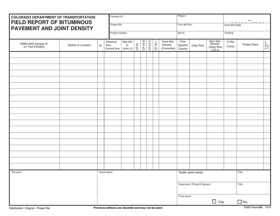 CDOT Form 69 Field Report of Bituminous Pavement and Joint Density - Colorado, Page 1