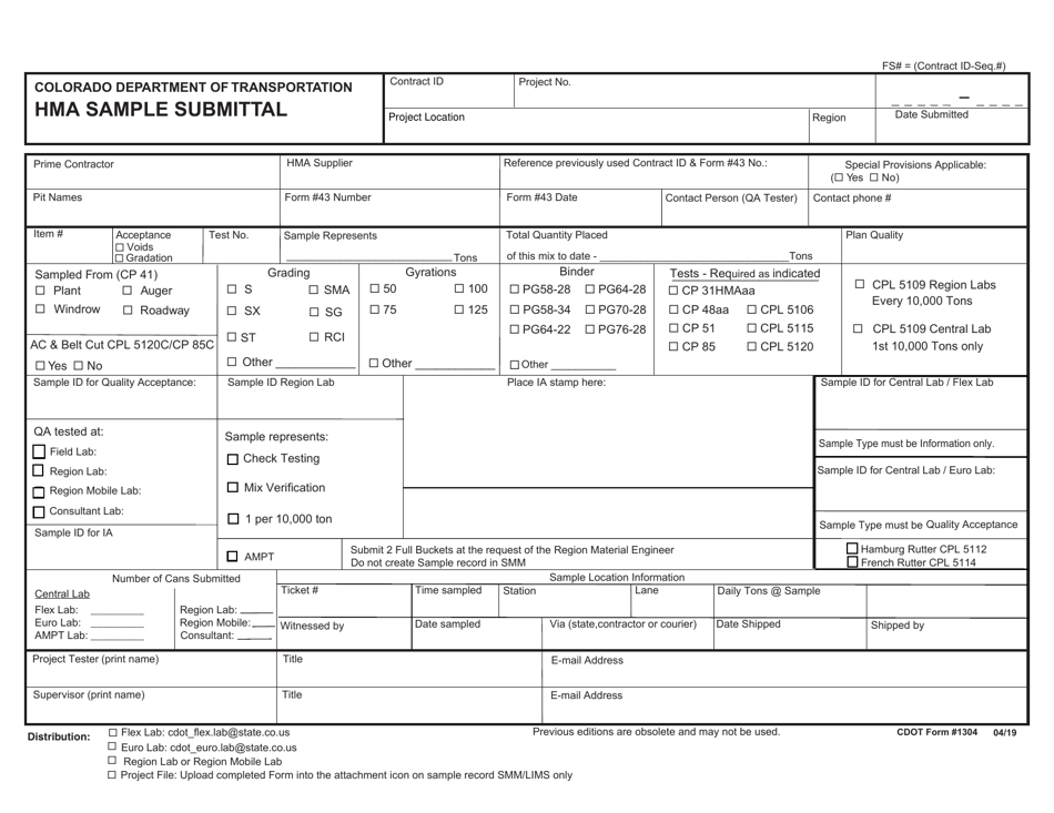 CDOT Form 1304 Hma Sample Submittal - Colorado, Page 1