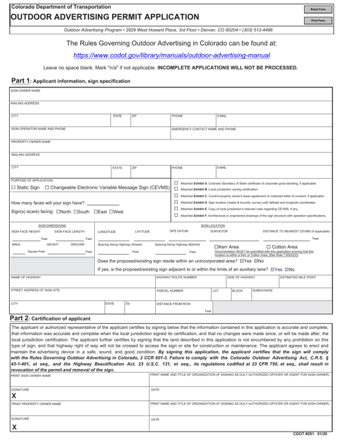 CDOT Form 291  Printable Pdf
