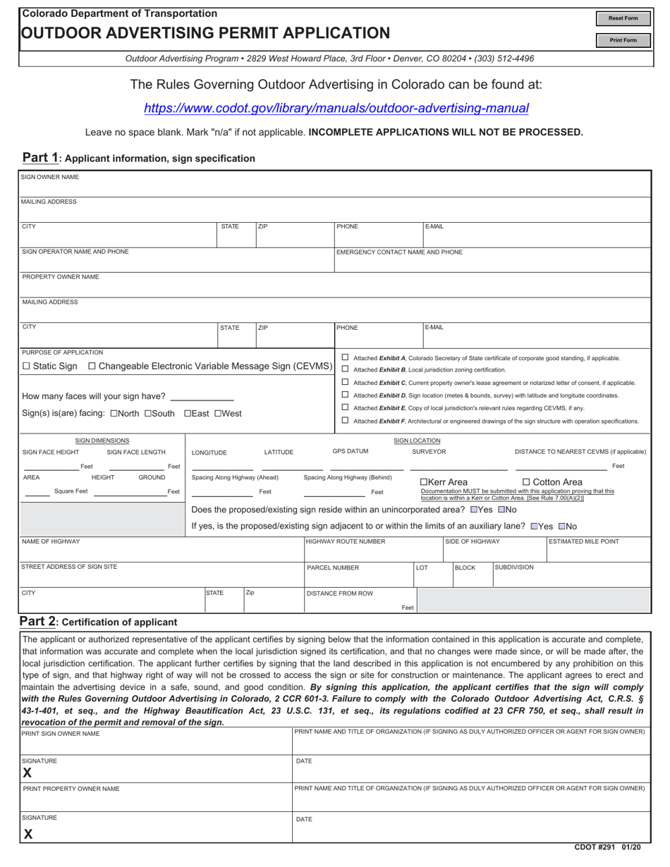CDOT Form 291 Outdoor Advertising Permit Application - Colorado, Page 1