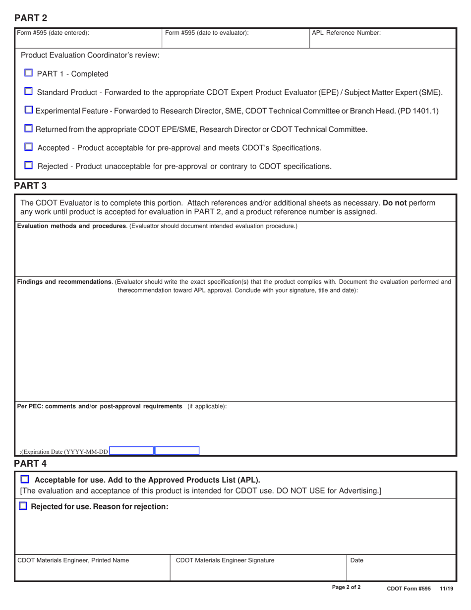 CDOT Form 595 Pre-approved Product Evaluation Request  Summary - Colorado, Page 2