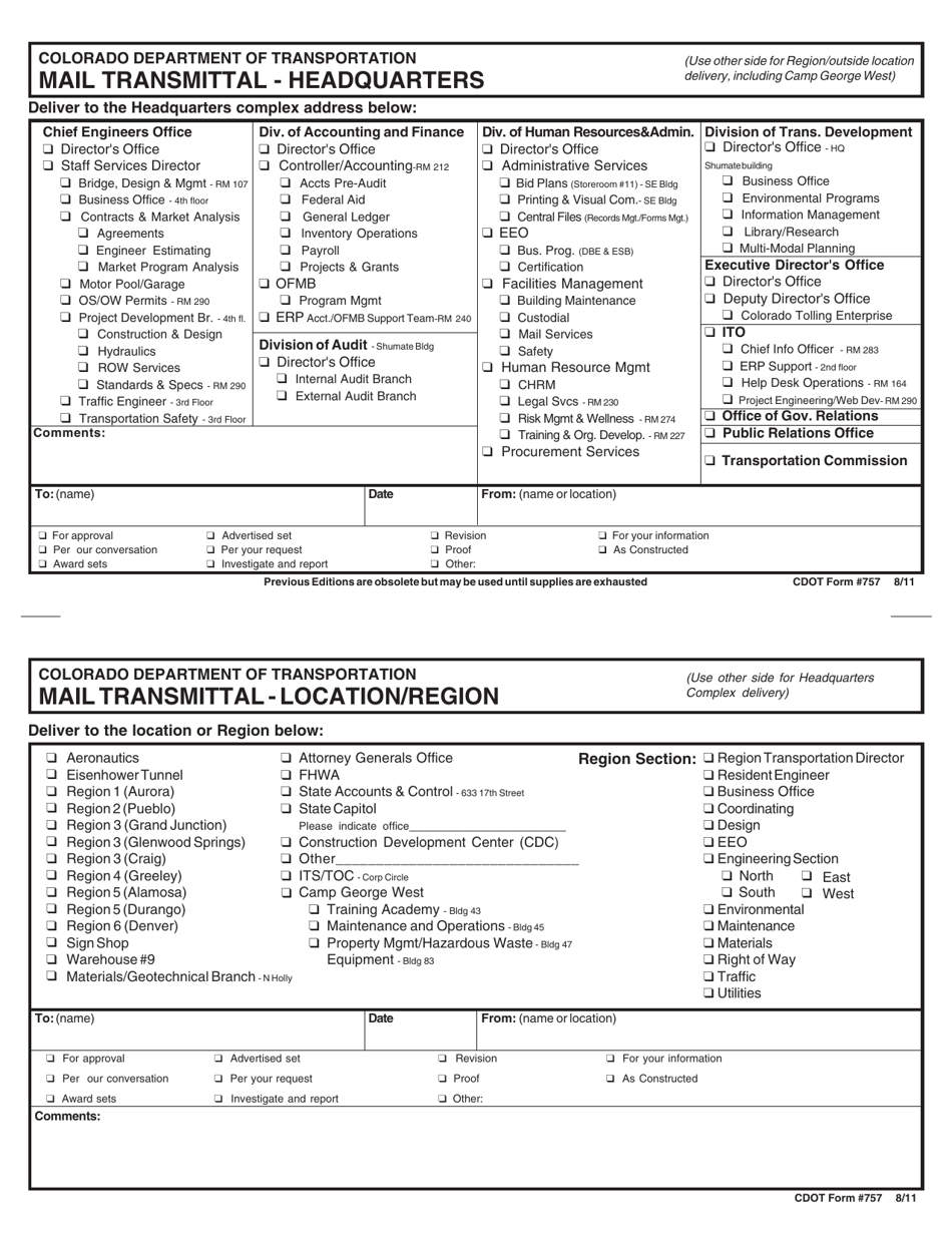 CDOT Form 757 Mail Transmittal - Headquarters - Colorado, Page 1