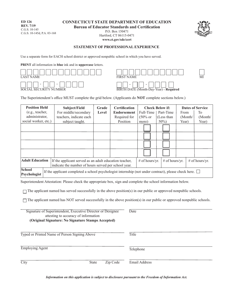 Form ED126 Statement of Professional Experience - Connecticut, Page 1