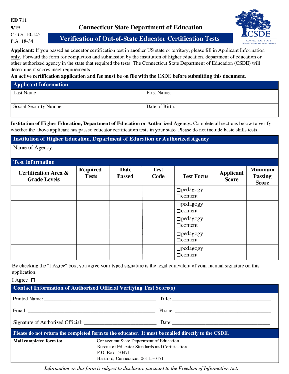 Form ED711 Verification of Out-of-State Educator Certification Tests - Connecticut, Page 1