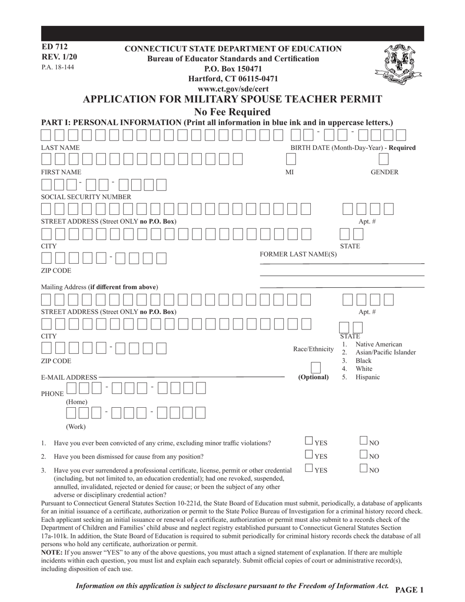 Form ED712 Application for Military Spouse Teacher Permit - Connecticut, Page 1