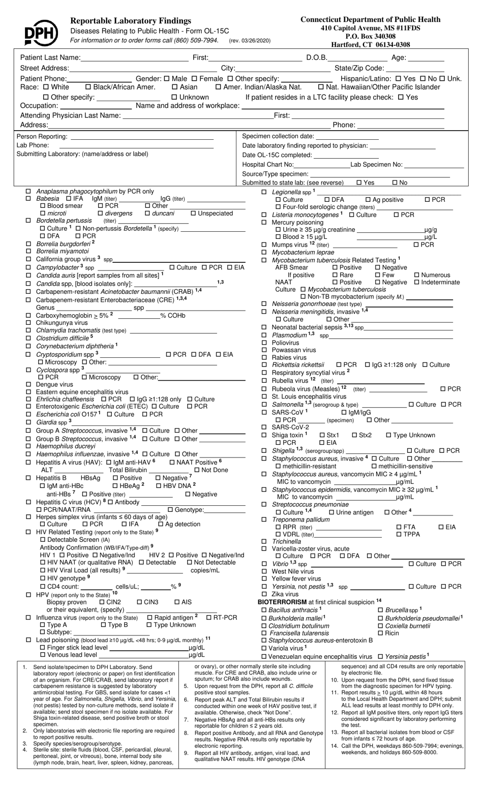 Form OL-15C Reportable Laboratory Findings - Connecticut, Page 1